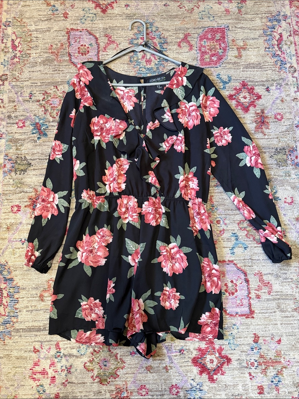 Forever 21 Black Floral Ruffle-Front Long-Sleeve Tunic Romper